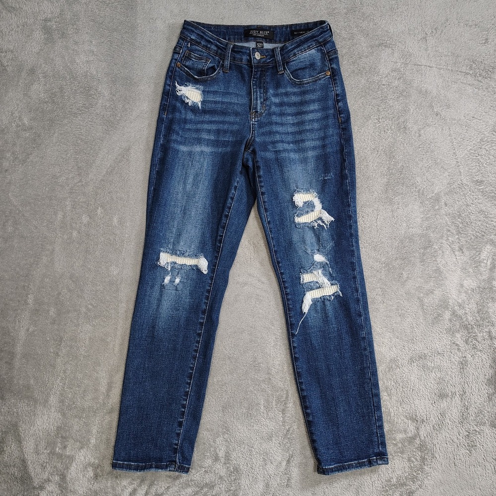 Judy Blue Jeans Size 5/27 Boyfriend Fit Distressed Stretch Denim Patched‎